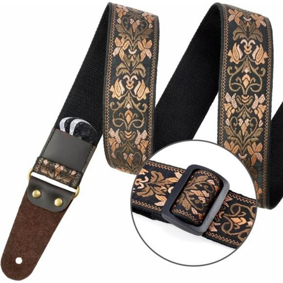 Embroidered Guitar Strap Adjustable with Leather Ends Picks Locks Included - Picture 3 of 7